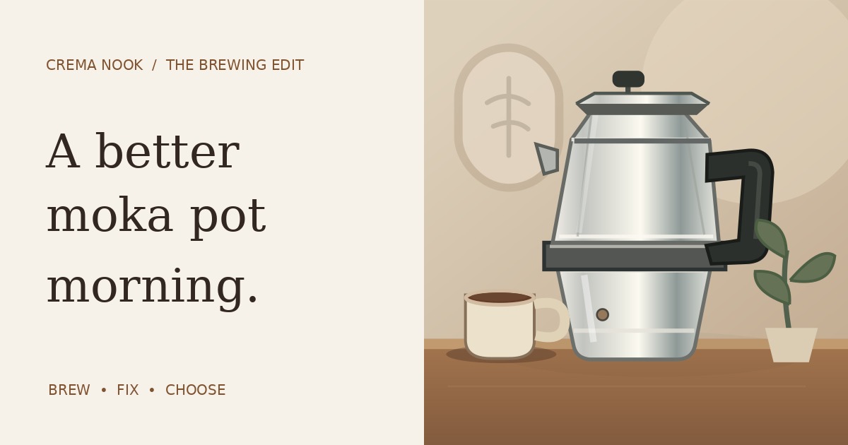 Original Crema Nook illustration of a moka pot and coffee cup on a warm kitchen counter